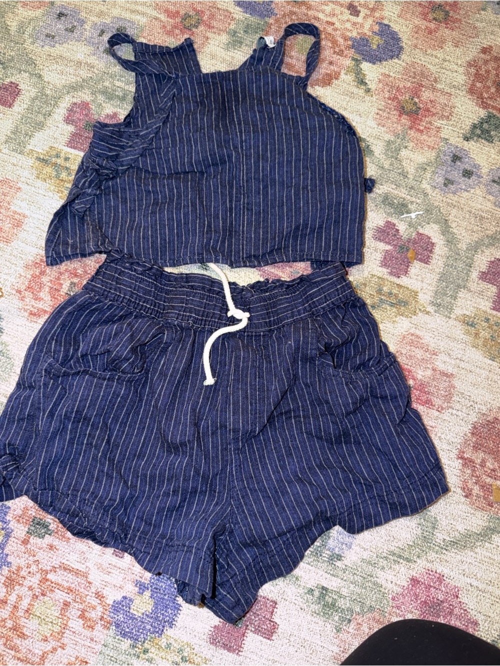 Zara Navy Pinstripe High-Waist Drawstring Shorts
